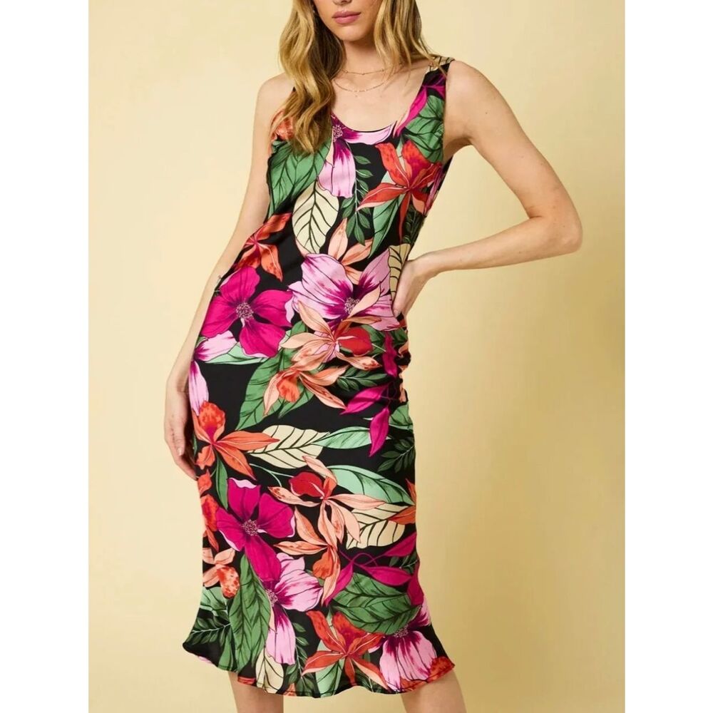 Gilli Black Pink Green Tropics Floral Scoop Back Midi Dress sz Medium